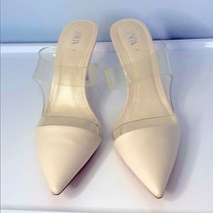 Zara white and clear plastic high heel mules